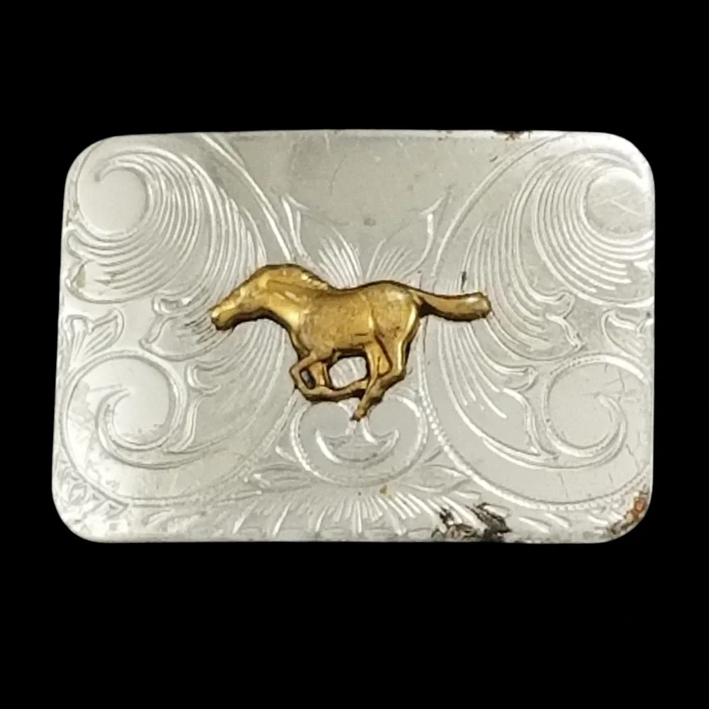 Vintage Nickel Silver Western Belt Buckle Galloping Horse Floral Engraved Small‎